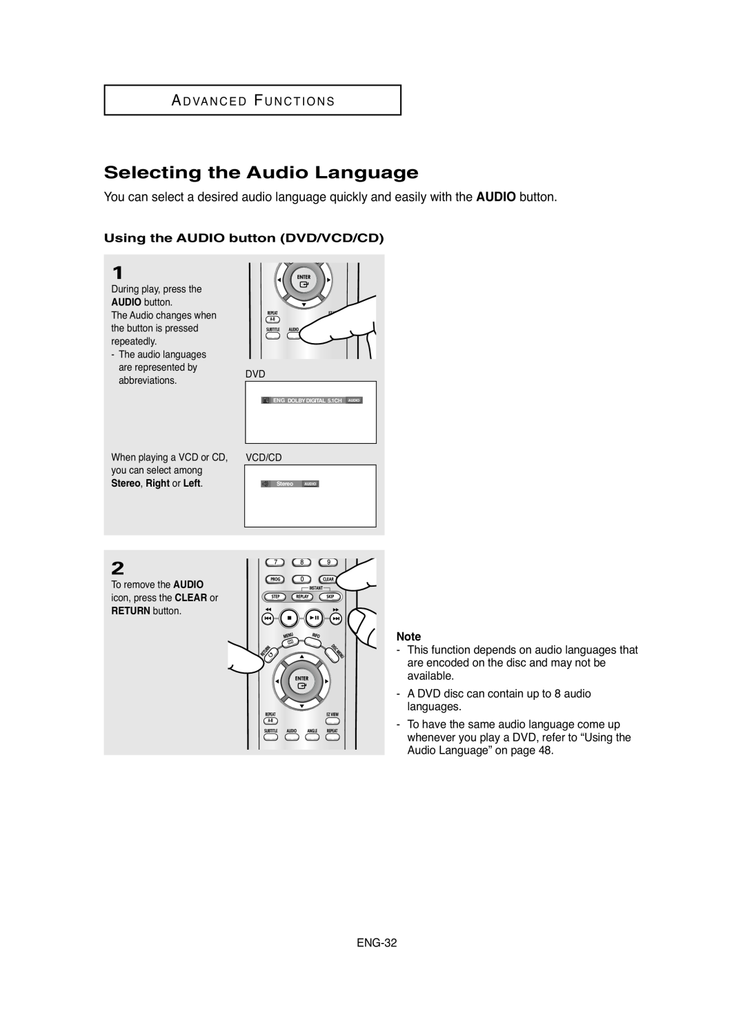 Samsung DVD-HD755 manual Selecting the Audio Language, Using the AUDIO button DVD/VCD/CD 