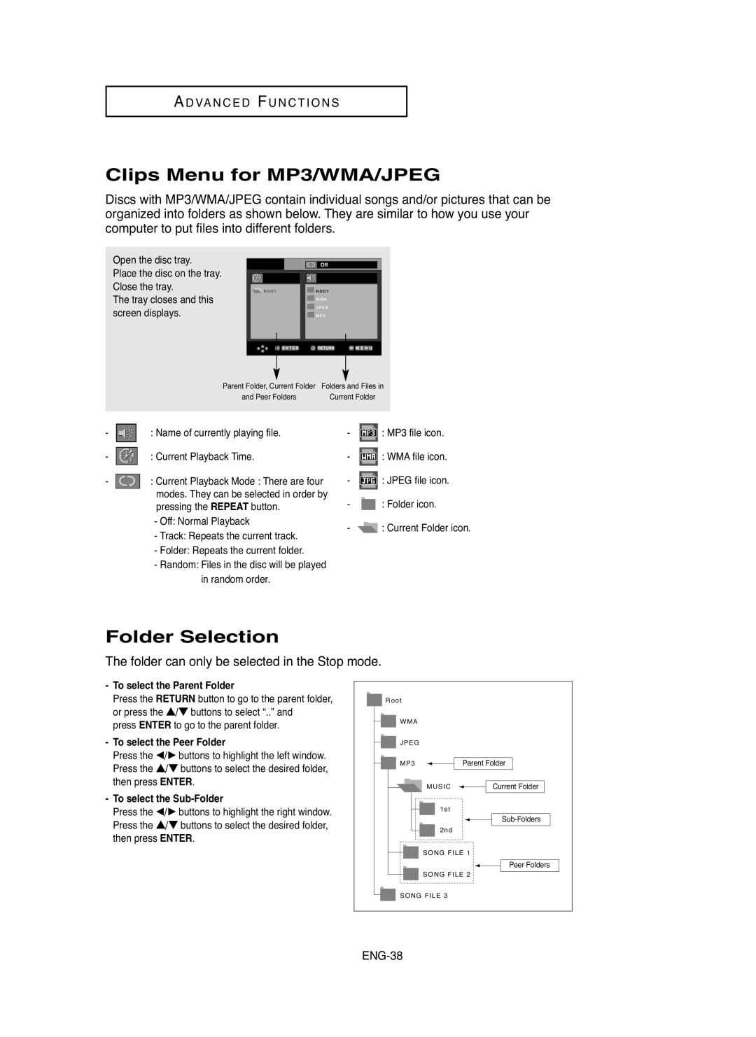 Samsung DVD-HD755 Clips Menu for MP3/WMA/JPEG, Folder Selection, The folder can only be selected in the Stop mode, ENG-38 