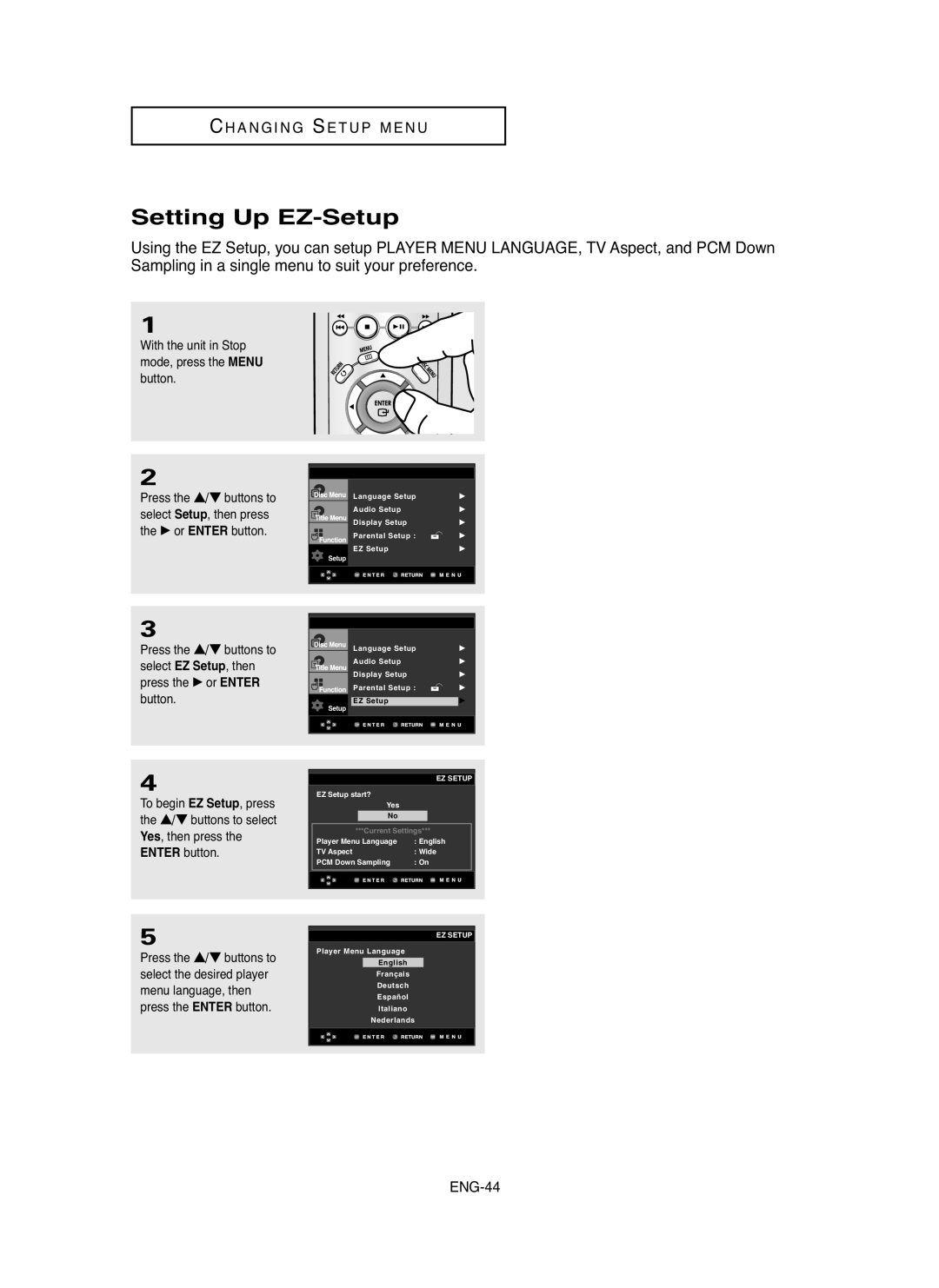Samsung DVD-HD755 manual Setting Up EZ-Setup, Ch A N G I N G S E T U P M E N U, ENG-44 