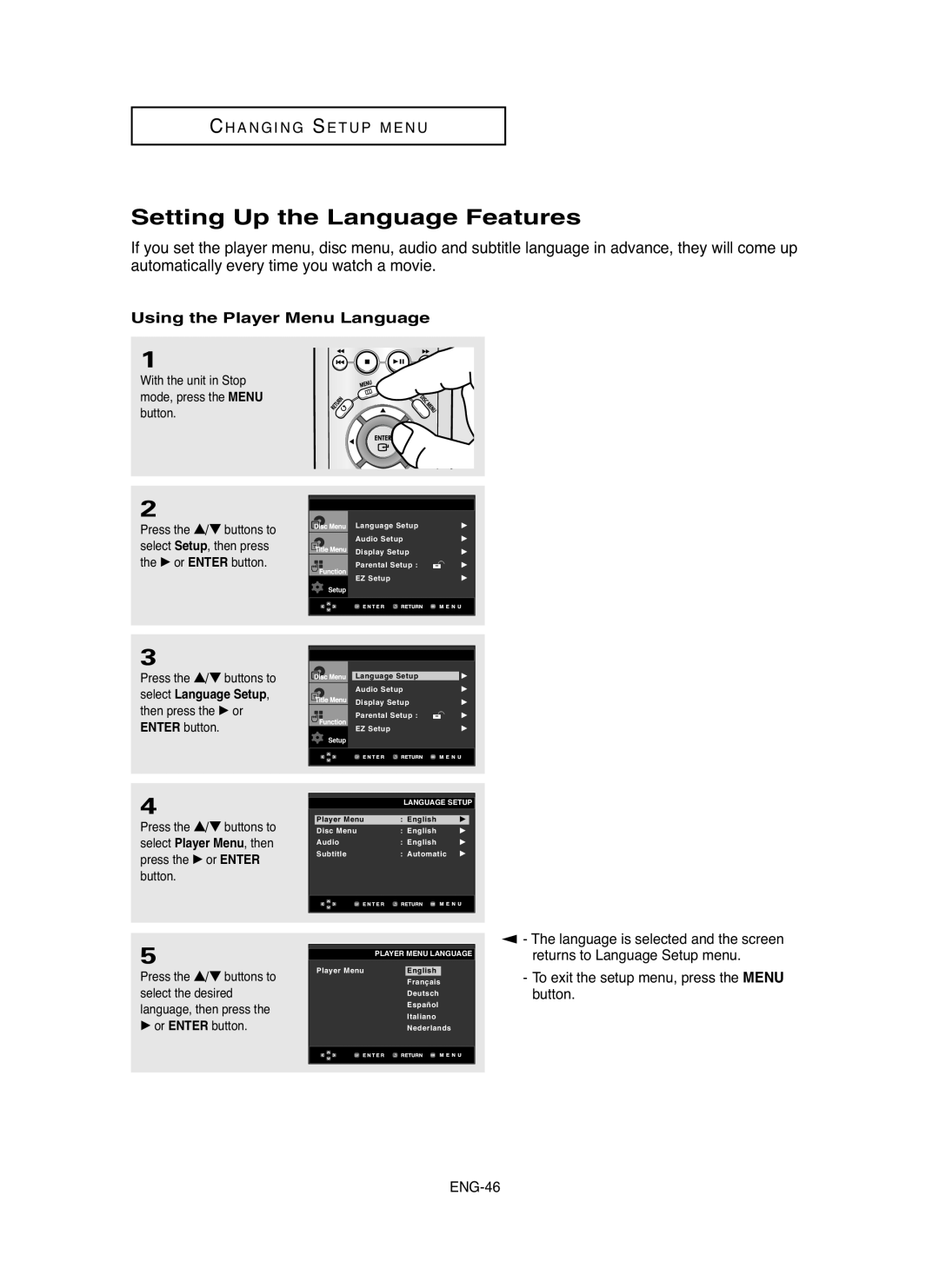 Samsung DVD-HD755 manual Setting Up the Language Features, Ch A N G I N G S E T U P M E N U, Using the Player Menu Language 