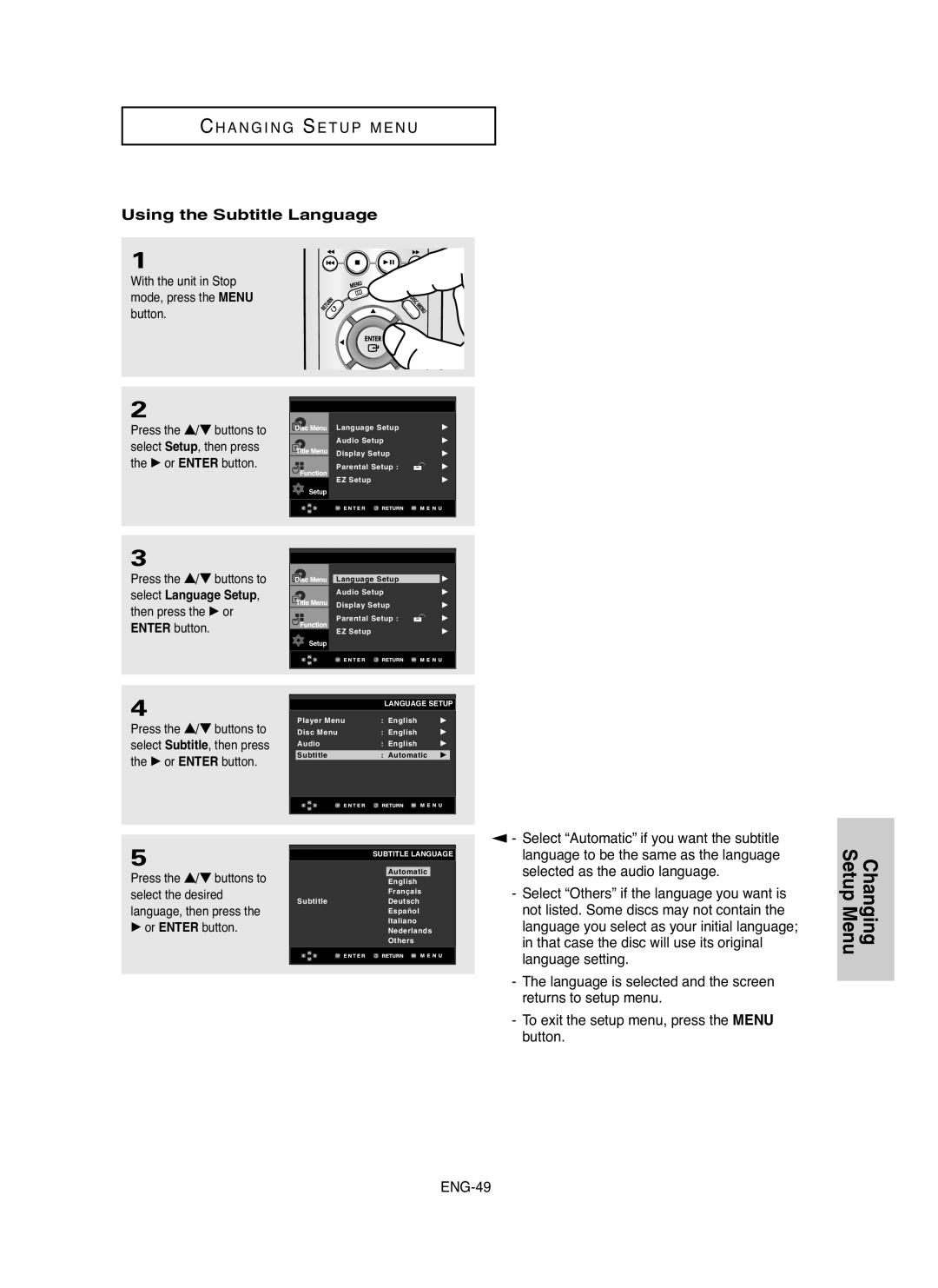 Samsung DVD-HD755 manual Changing Setup Menu, C H A N G I N G Se T U P M E N U, Using the Subtitle Language, ENG-49 