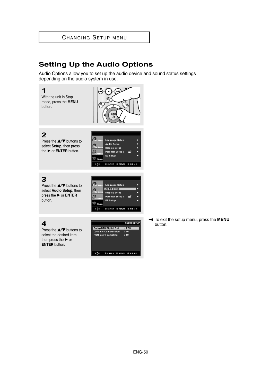 Samsung DVD-HD755 manual Setting Up the Audio Options, Ch A N G I N G S E T U P M E N U, ENG-50 
