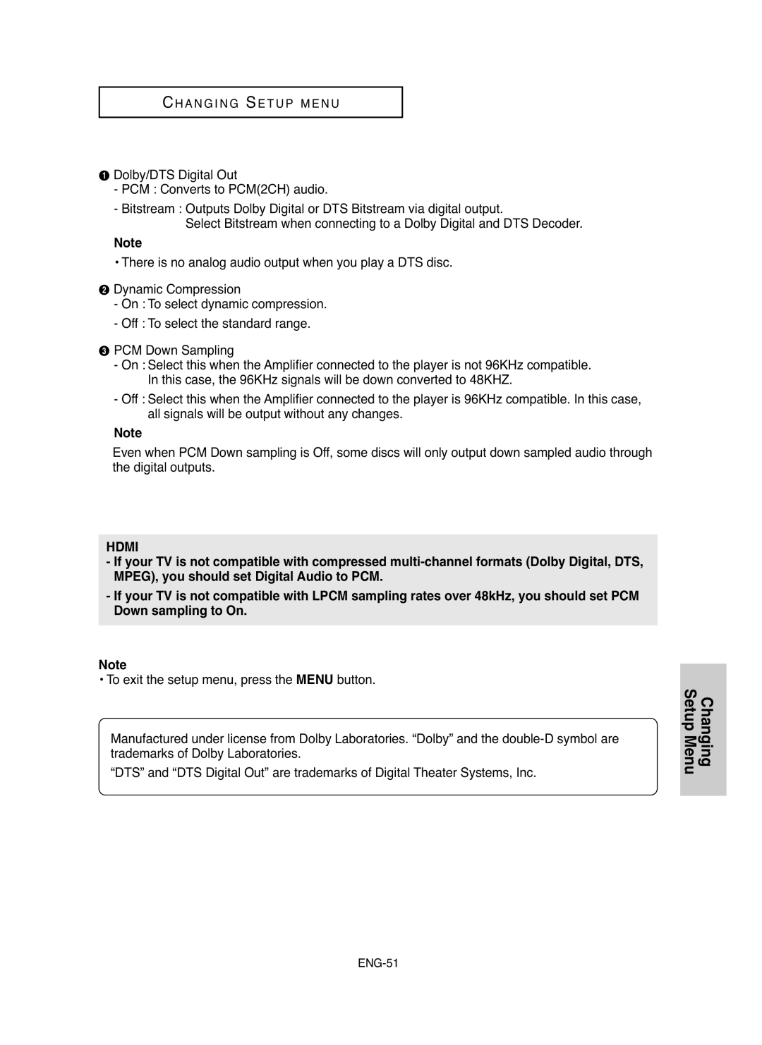 Samsung DVD-HD755 manual Changing Setup Menu, Hdmi 