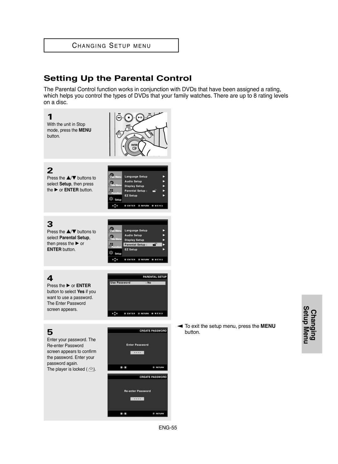 Samsung DVD-HD755 manual Setting Up the Parental Control, Changing Setup Menu, C H A N G I N G Se T U P M E N U, ENG-55 
