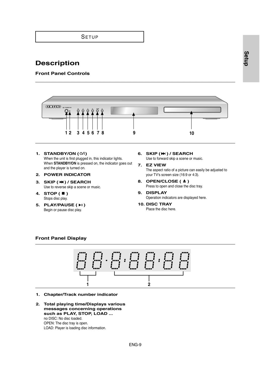 Samsung DVD-HD755 manual Description, Setup, S E T U P, Front Panel Controls, Front Panel Display, ENG-9 