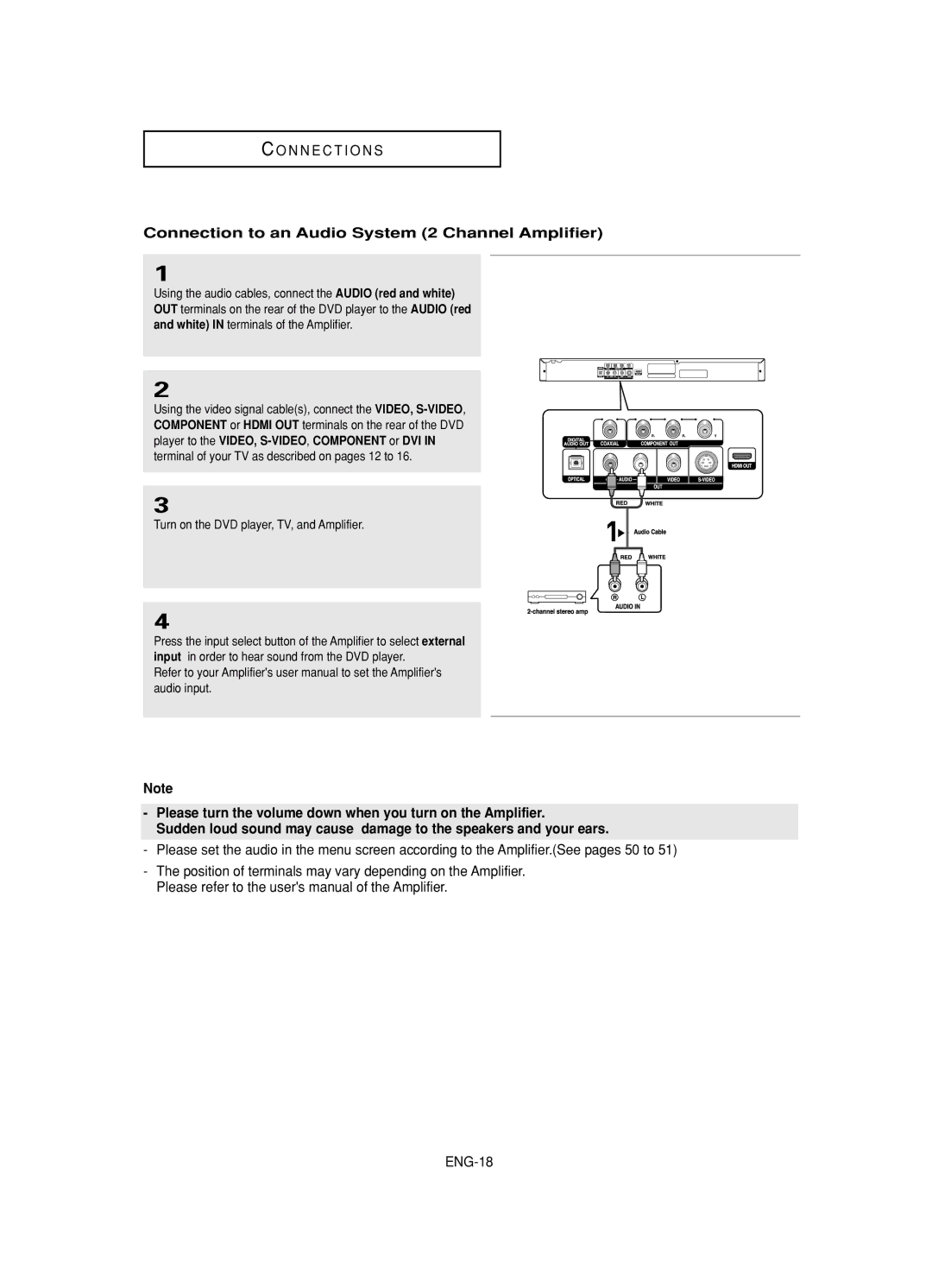 Samsung DVD-HD845 manual Connection to an Audio System 2 Channel Amplifier, Turn on the DVD player, TV, and Amplifier 