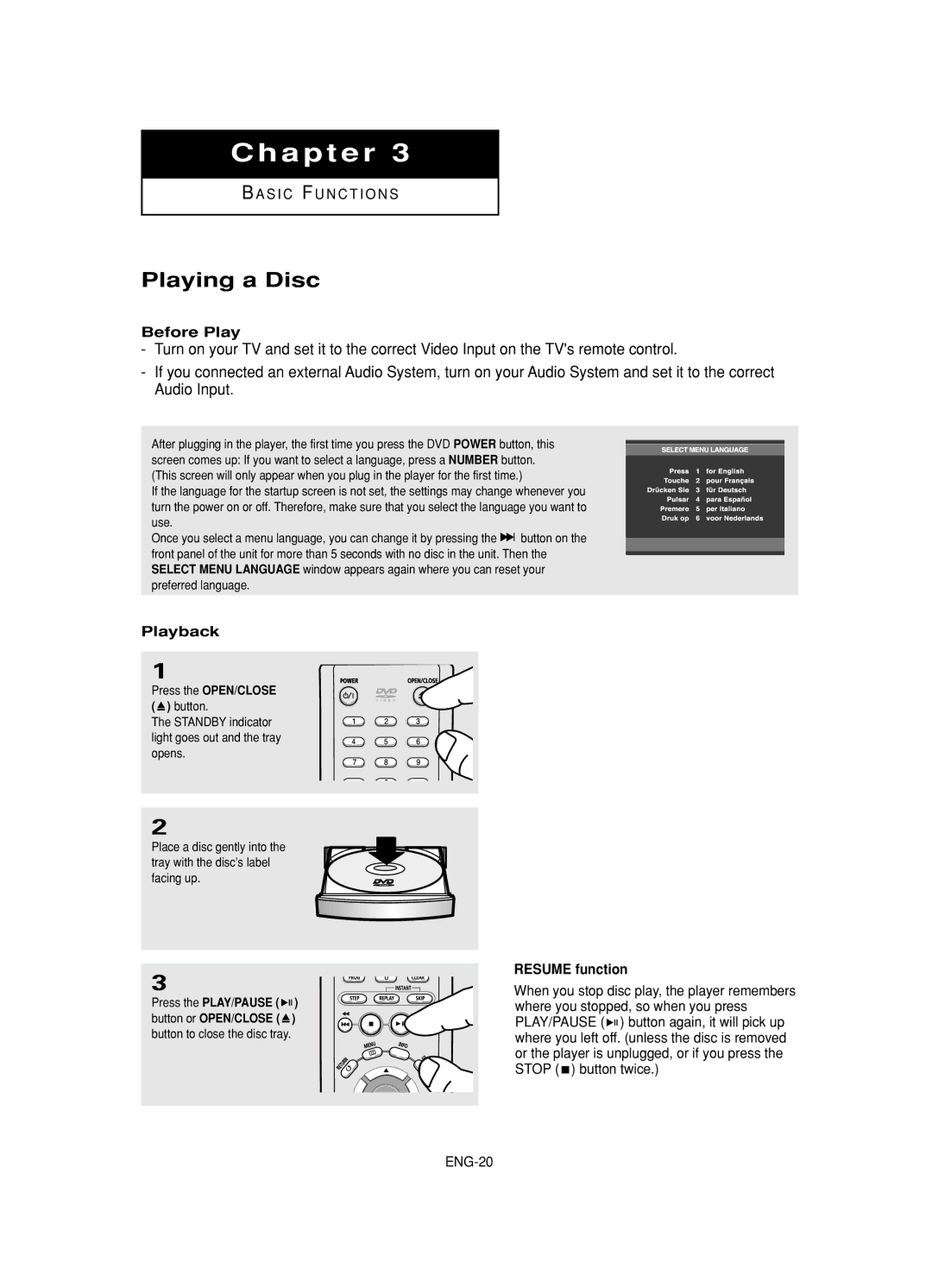 Samsung DVD-HD845 manual Playing a Disc, Before Play, Playback, Resume function 