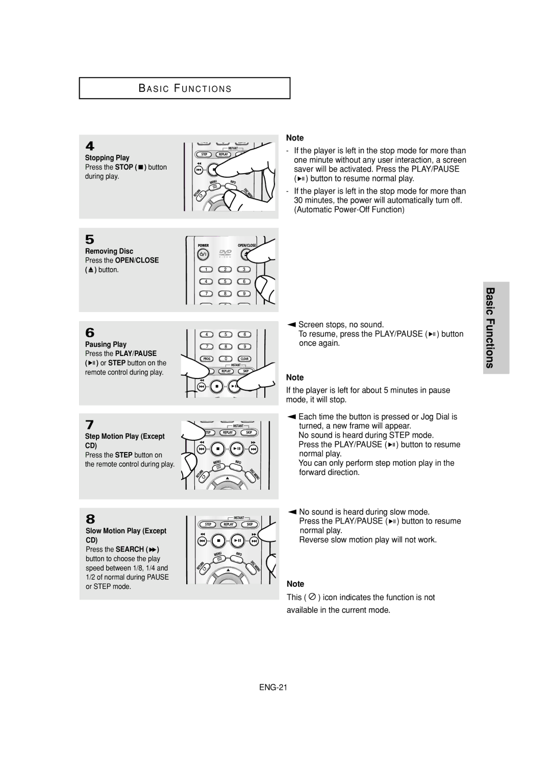 Samsung DVD-HD845 manual Stopping Play, Removing Disc, Pausing Play, Step Motion Play Except 