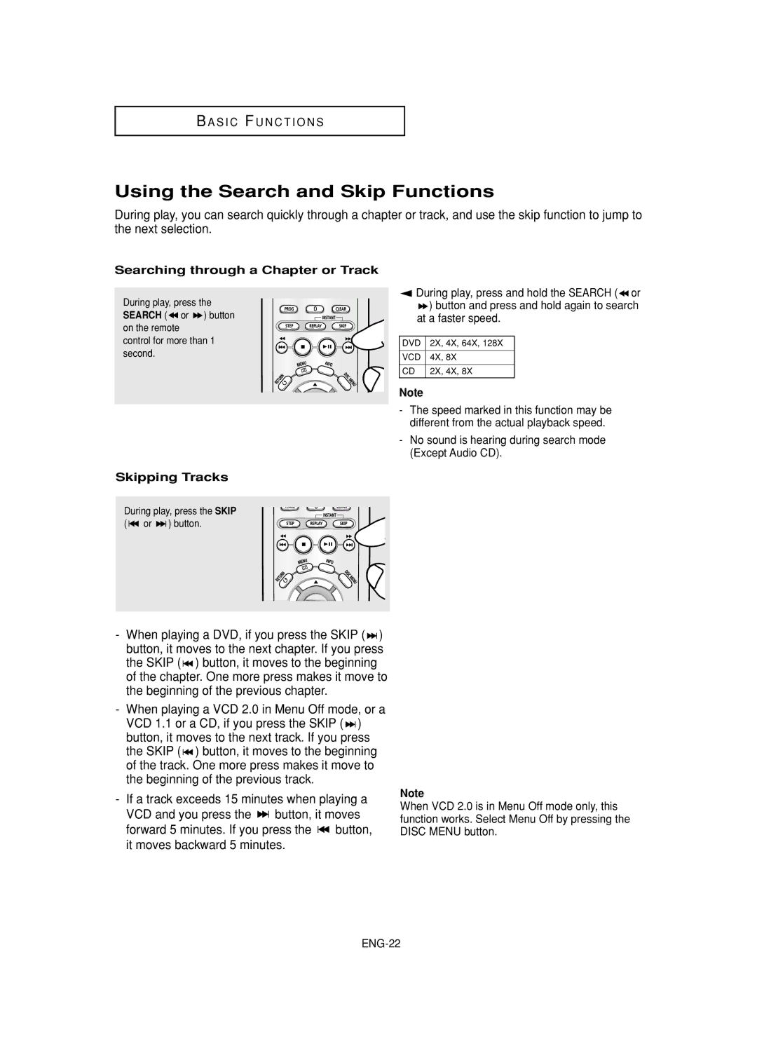 Samsung DVD-HD845 manual Using the Search and Skip Functions, Searching through a Chapter or Track, Skipping Tracks 