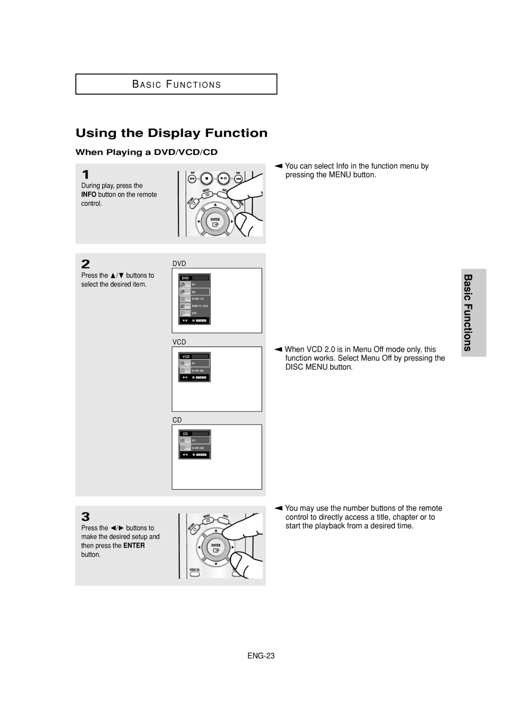 Samsung DVD-HD845 manual Using the Display Function, When Playing a DVD/VCD/CD 