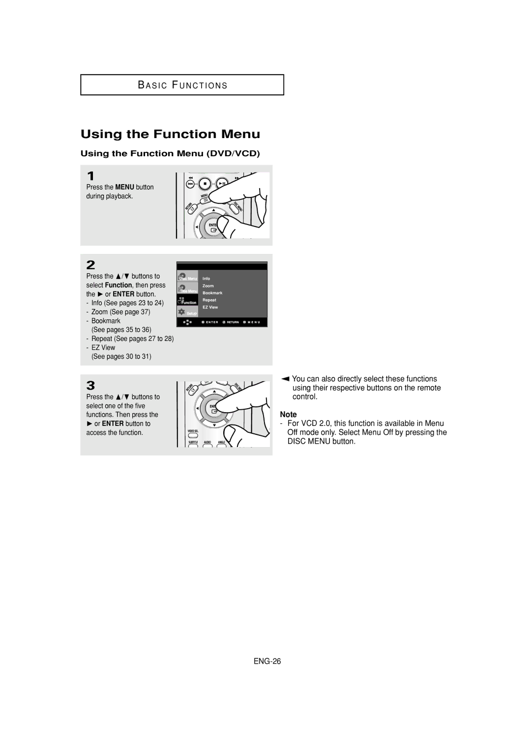 Samsung DVD-HD845 manual Using the Function Menu DVD/VCD 