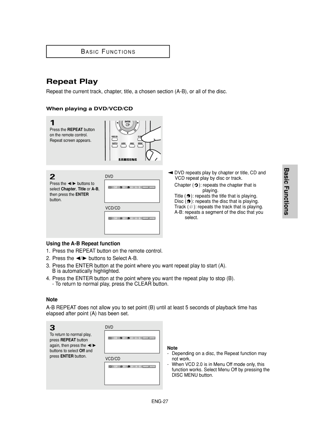 Samsung DVD-HD845 manual Repeat Play, Using the A-B Repeat function 