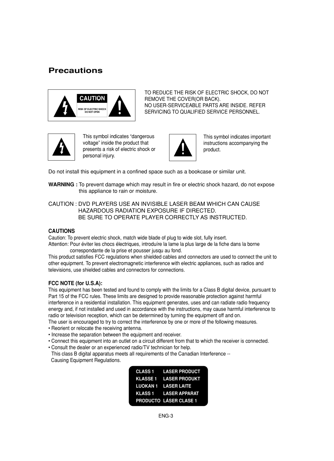 Samsung DVD-HD845 manual Precautions, FCC Note for U.S.A 