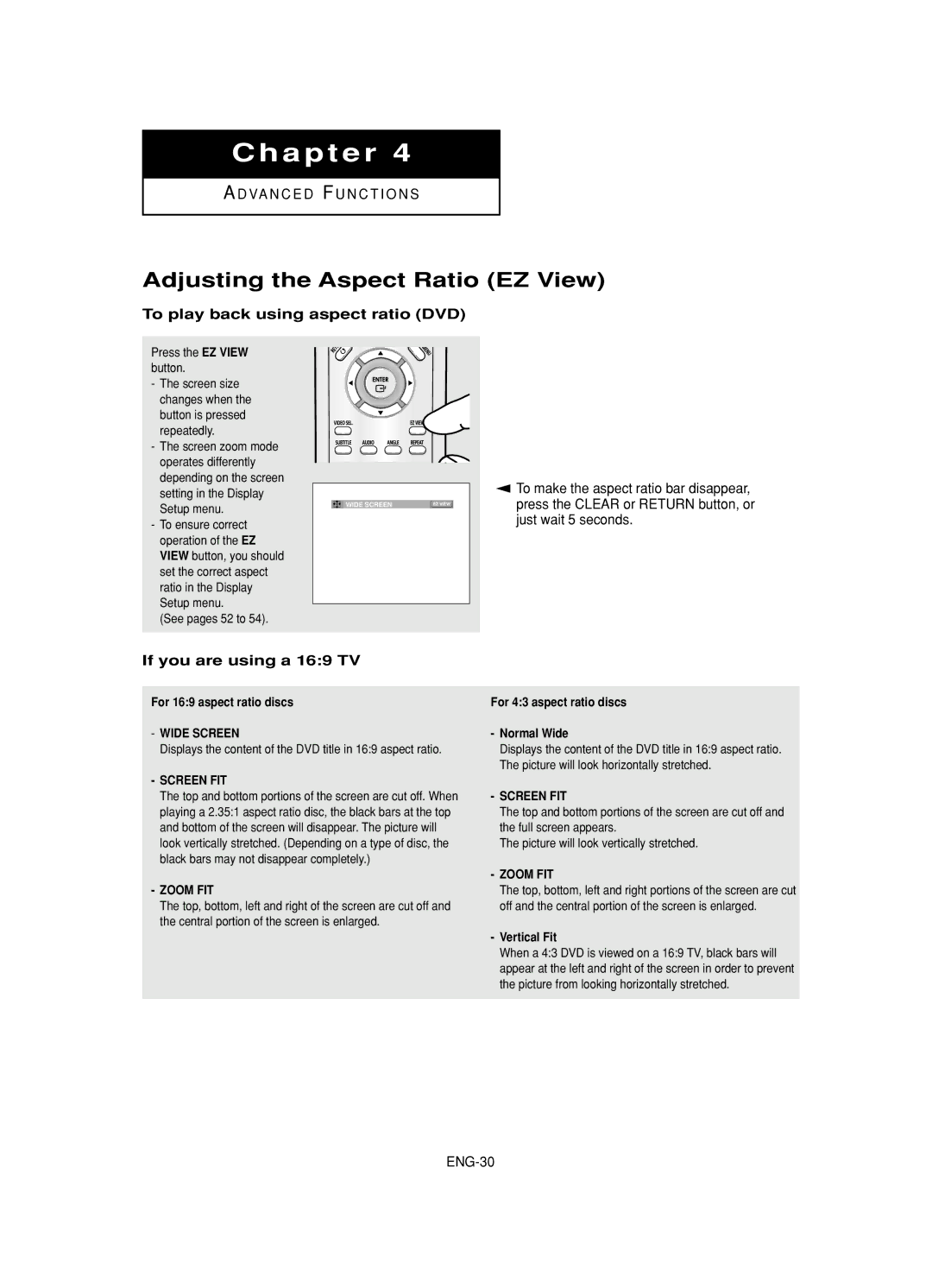 Samsung DVD-HD845 manual Adjusting the Aspect Ratio EZ View, To play back using aspect ratio DVD, If you are using a 169 TV 