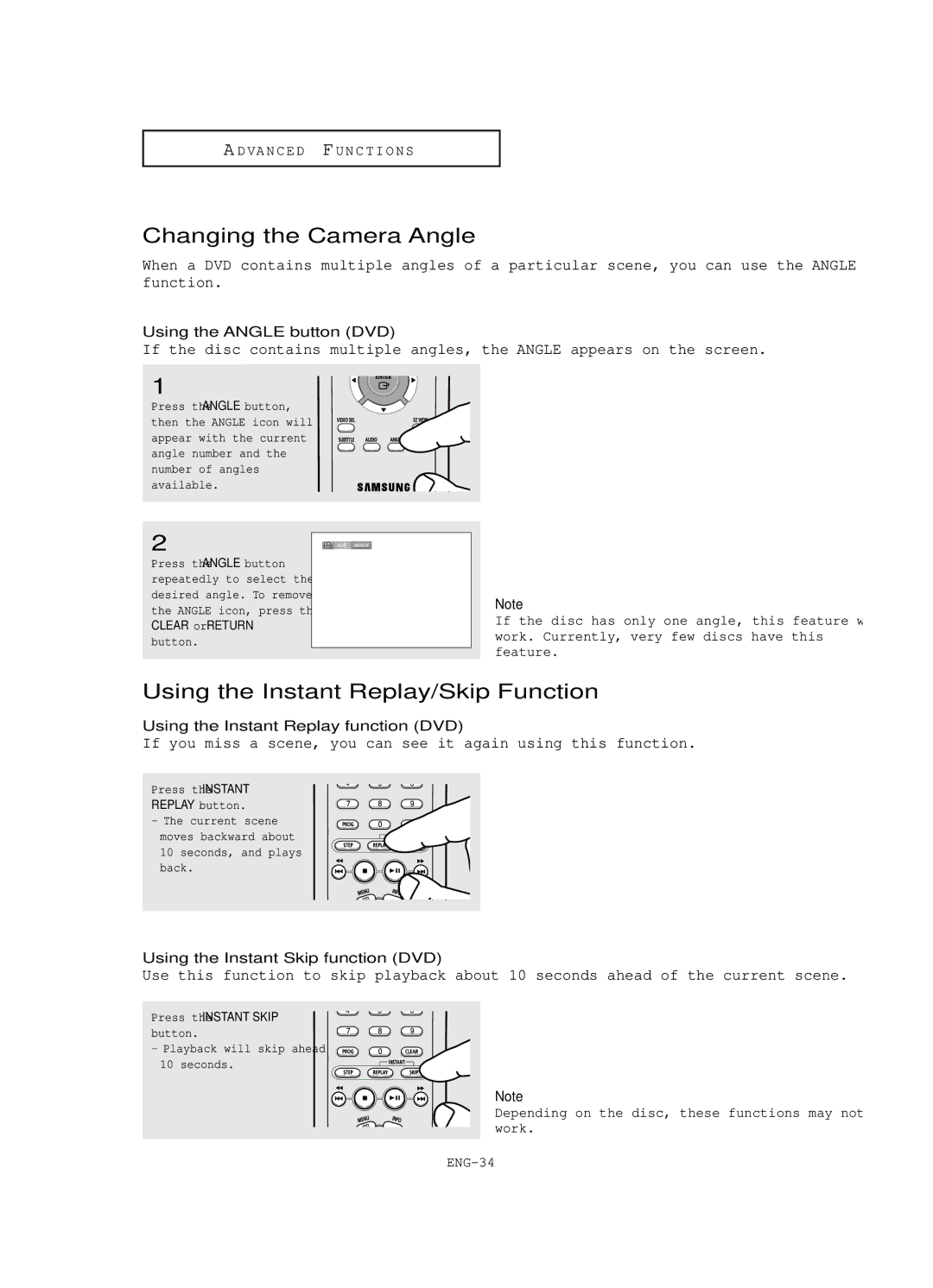 Samsung DVD-HD845 manual Changing the Camera Angle, Using the Instant Replay/Skip Function, Using the Angle button DVD 