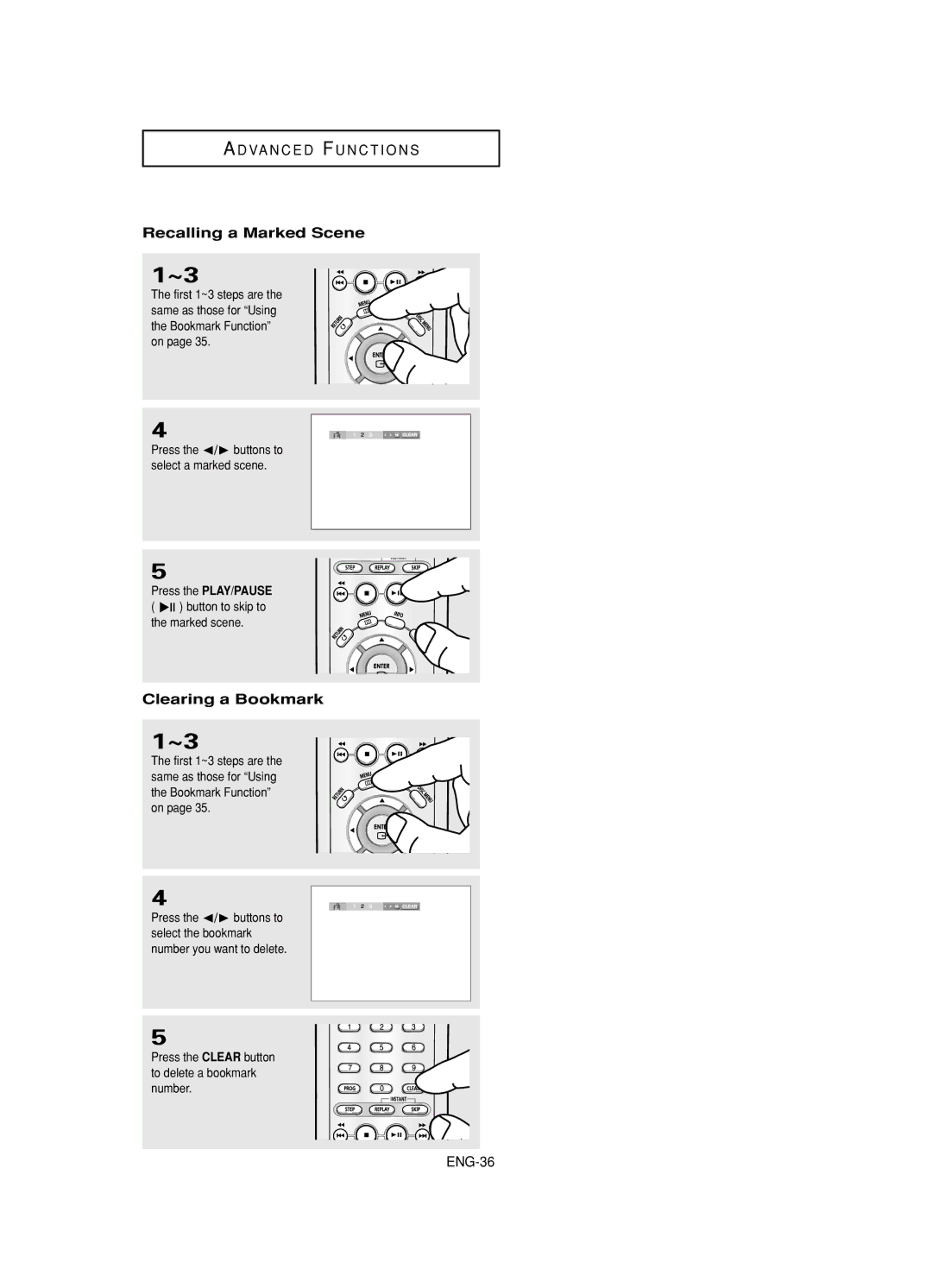 Samsung DVD-HD845 manual Recalling a Marked Scene, Clearing a Bookmark 