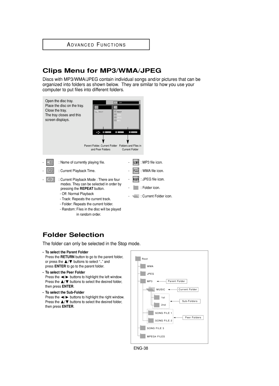 Samsung DVD-HD845 Clips Menu for MP3/WMA/JPEG, Folder Selection, To select the Parent Folder, To select the Peer Folder 