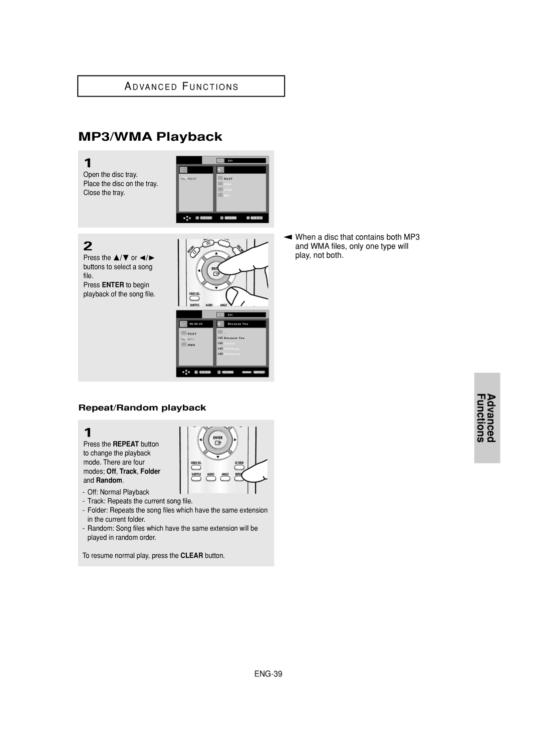 Samsung DVD-HD845 manual MP3/WMA Playback, Repeat/Random playback 