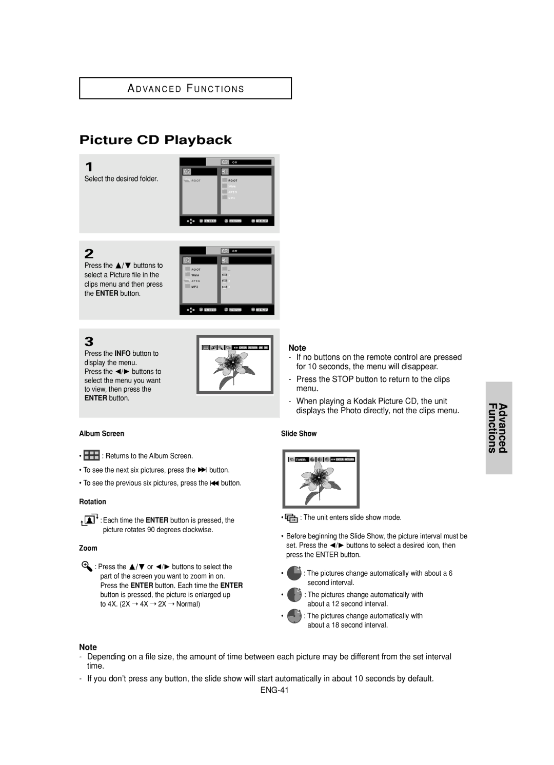 Samsung DVD-HD845 manual Picture CD Playback, Album Screen, Rotation, Zoom, Slide Show 