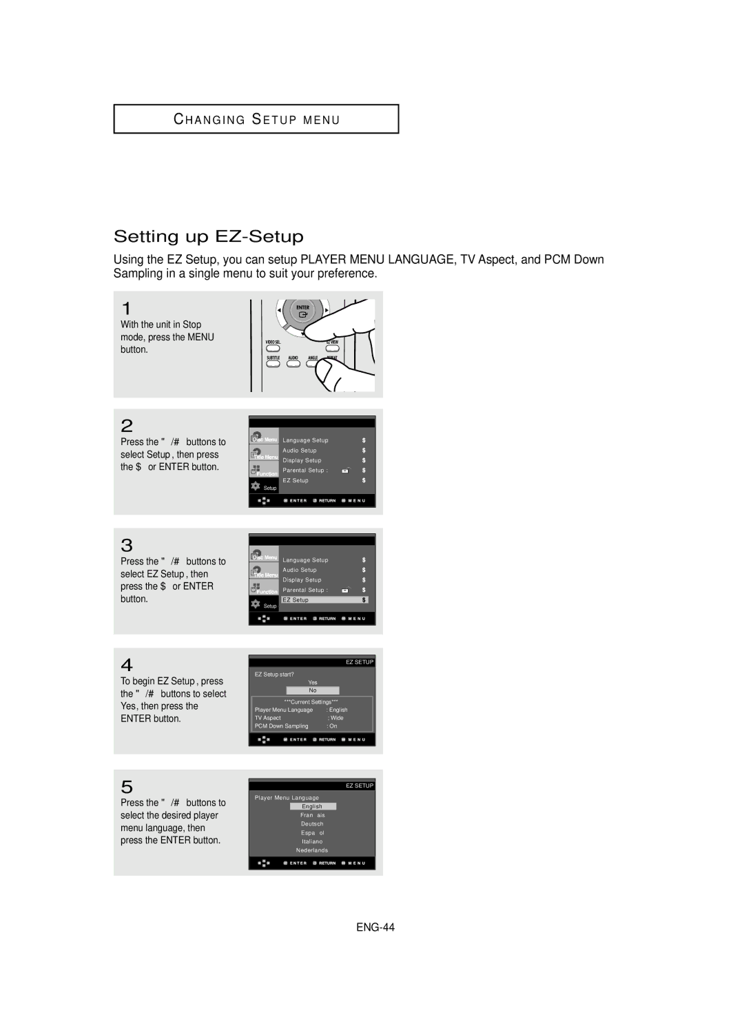 Samsung DVD-HD845 manual Setting up EZ-Setup, EZ Setup 