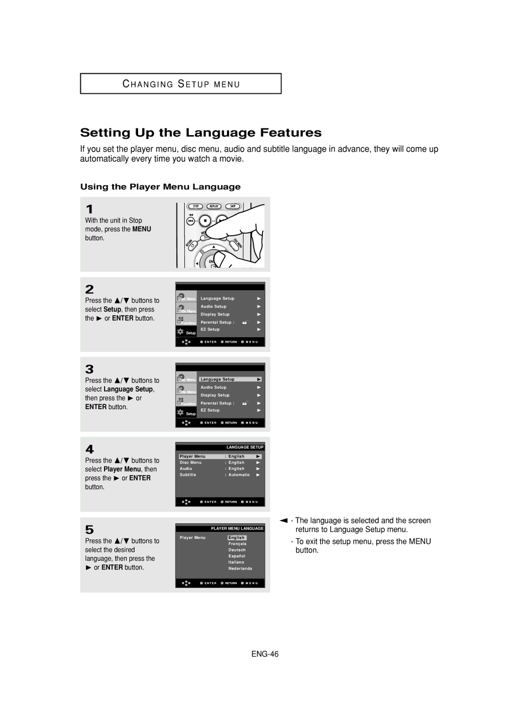 Samsung DVD-HD845 manual Setting Up the Language Features, Using the Player Menu Language 