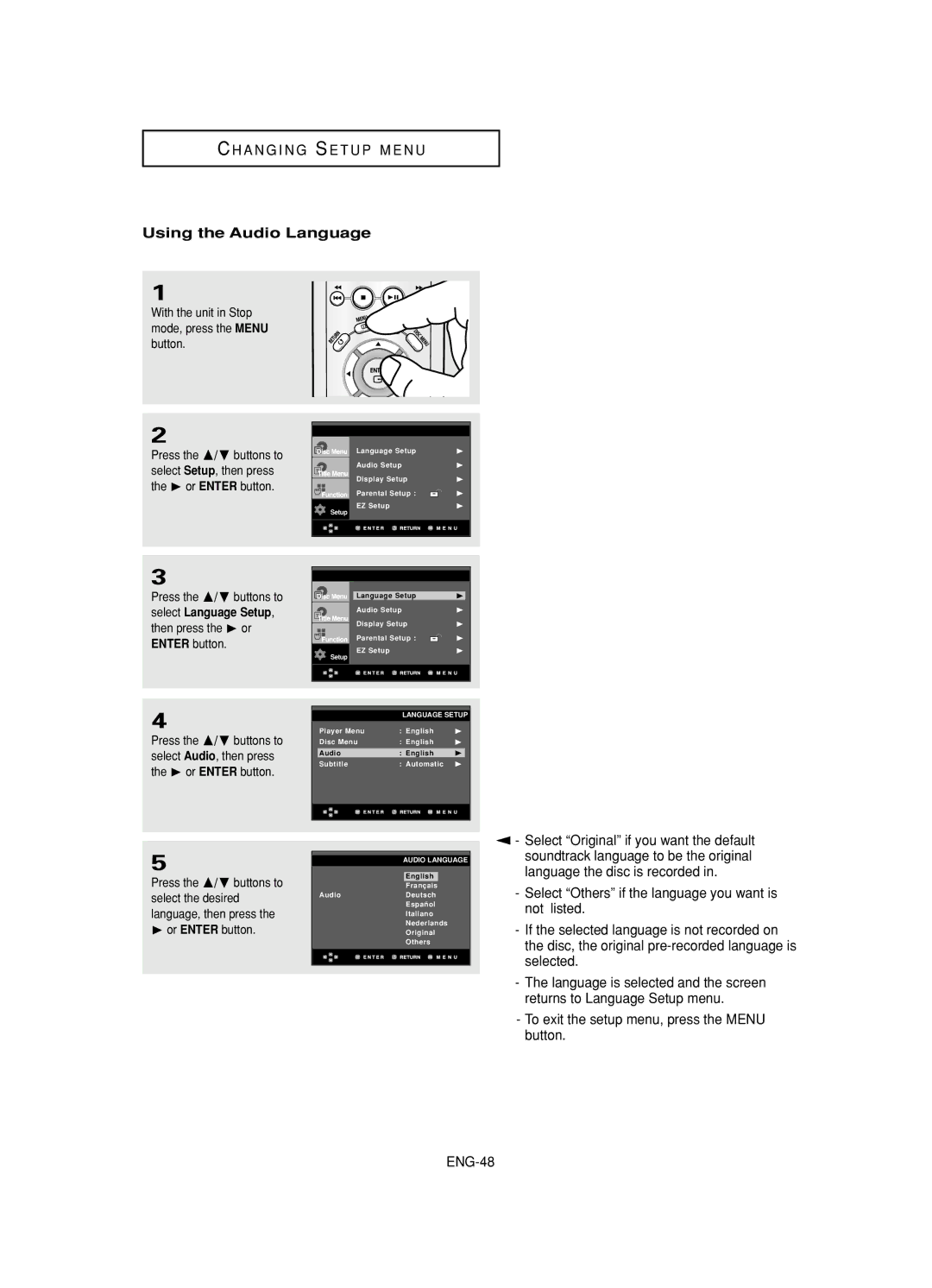 Samsung DVD-HD845 manual Using the Audio Language 