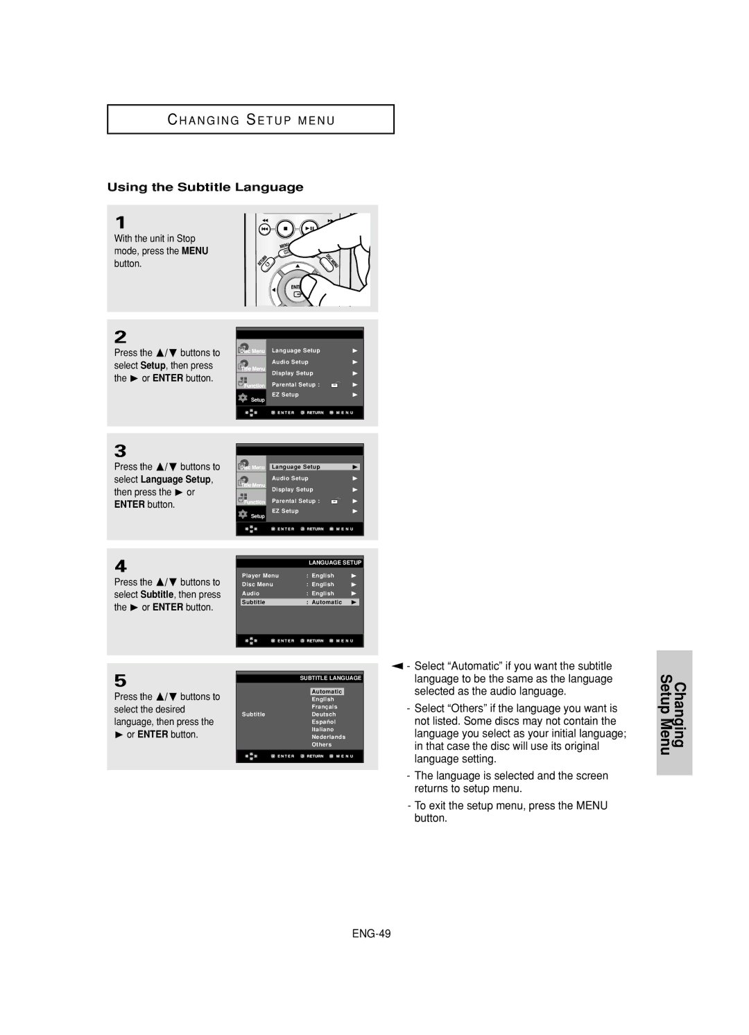 Samsung DVD-HD845 manual Using the Subtitle Language, Select Language Setup 