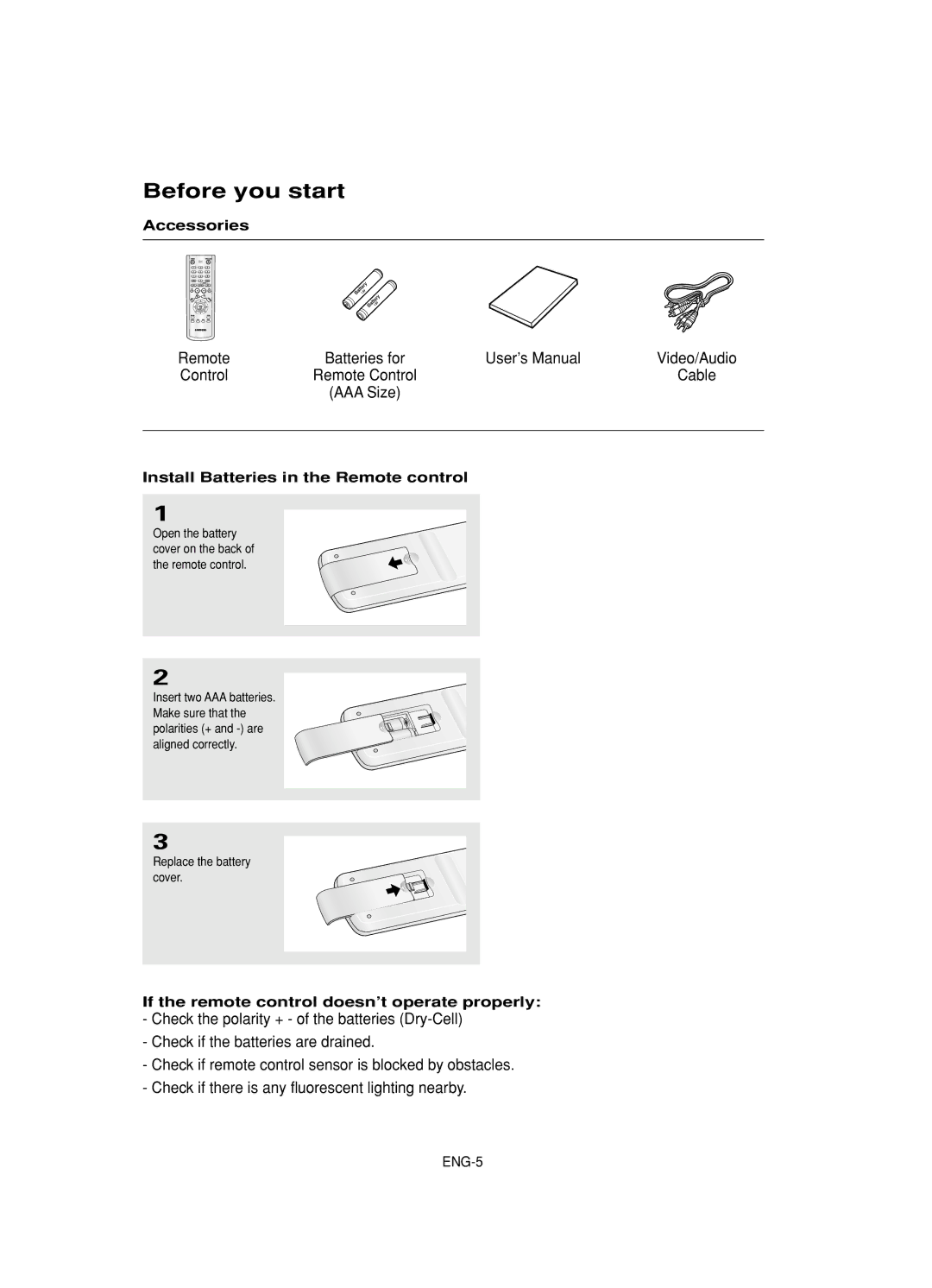 Samsung DVD-HD845 manual Before you start, Accessories, Install Batteries in the Remote control 