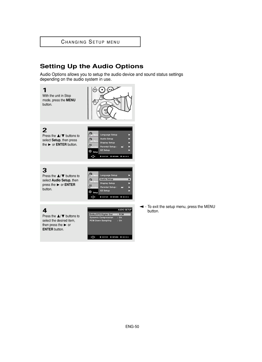 Samsung DVD-HD845 manual Setting Up the Audio Options 