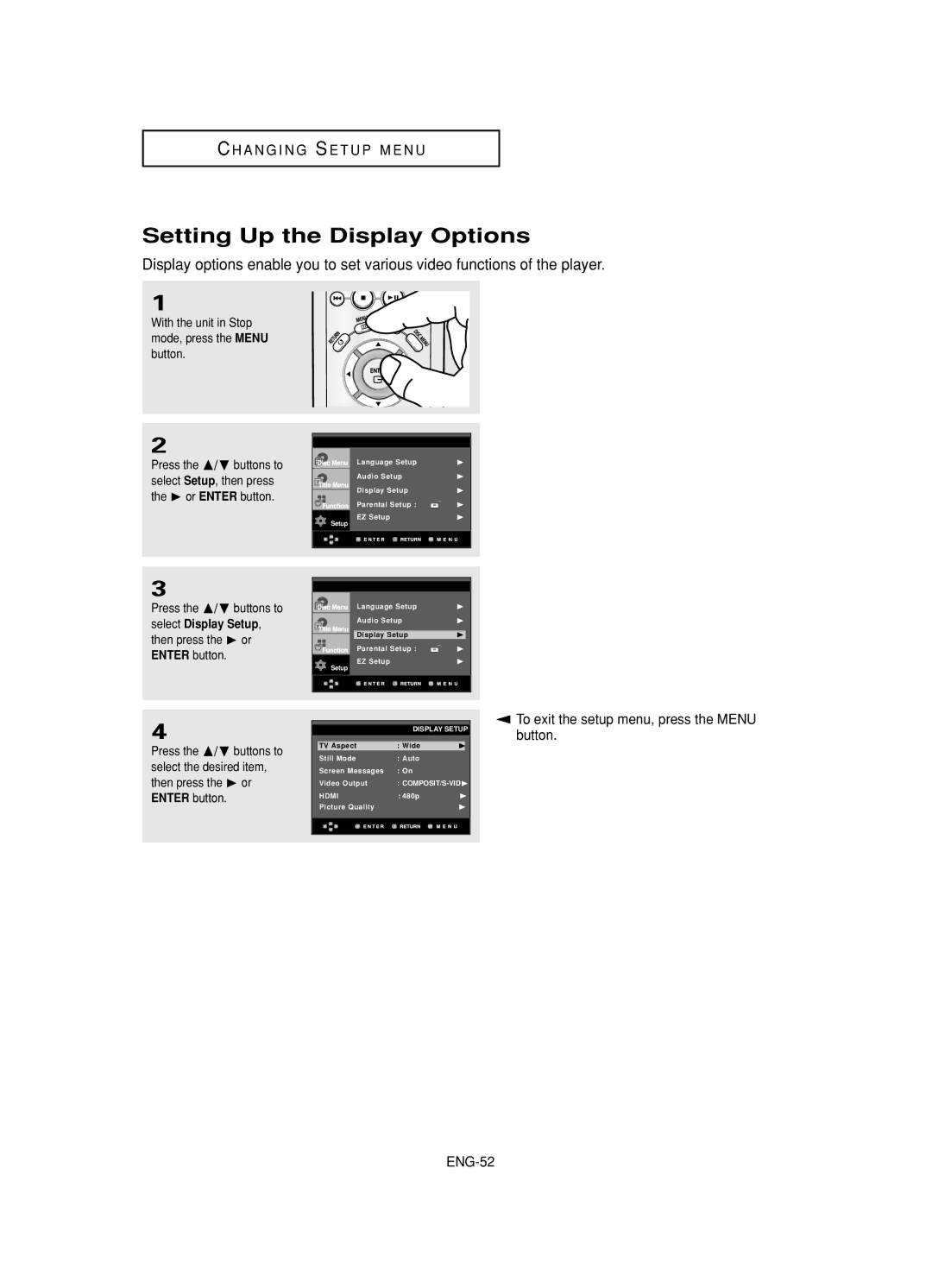 Samsung DVD-HD845 manual Setting Up the Display Options 