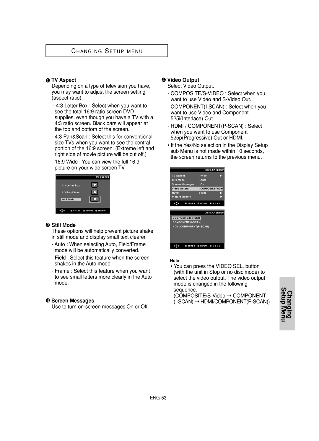 Samsung DVD-HD845 manual ❶ TV Aspect, ❷ Still Mode, ❸ Screen Messages, ❹ Video Output Select Video Output 