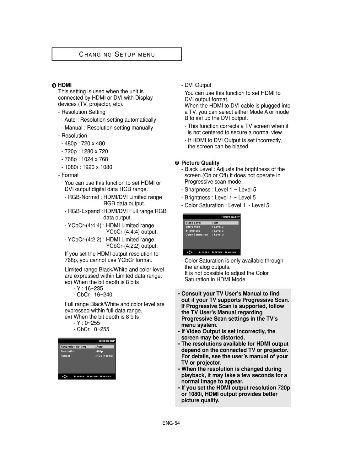 Samsung DVD-HD845 manual ❺ Hdmi, ❻ Picture Quality 