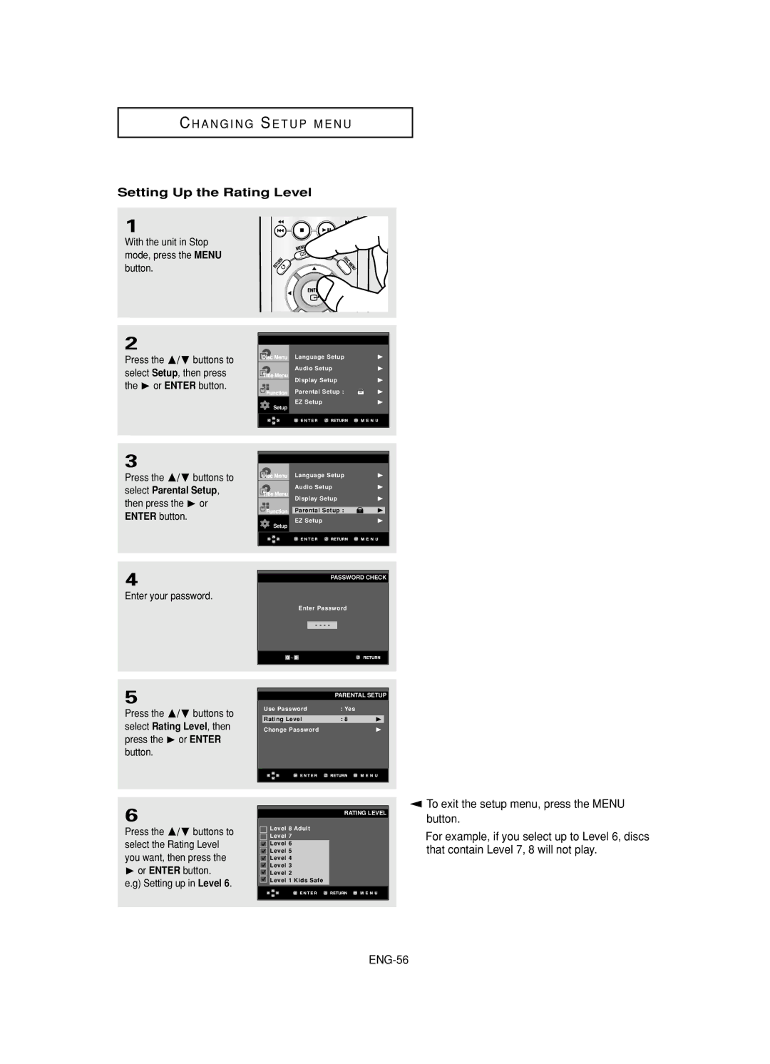 Samsung DVD-HD845 manual Setting Up the Rating Level, To exit the setup menu, press the Menu, Button 