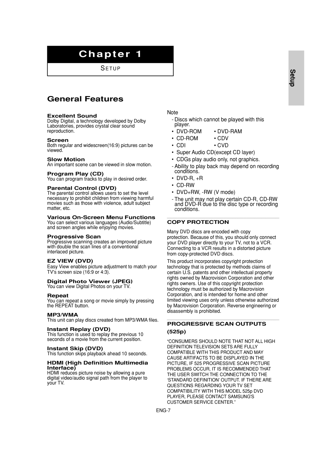 Samsung DVD-HD845 manual General Features 