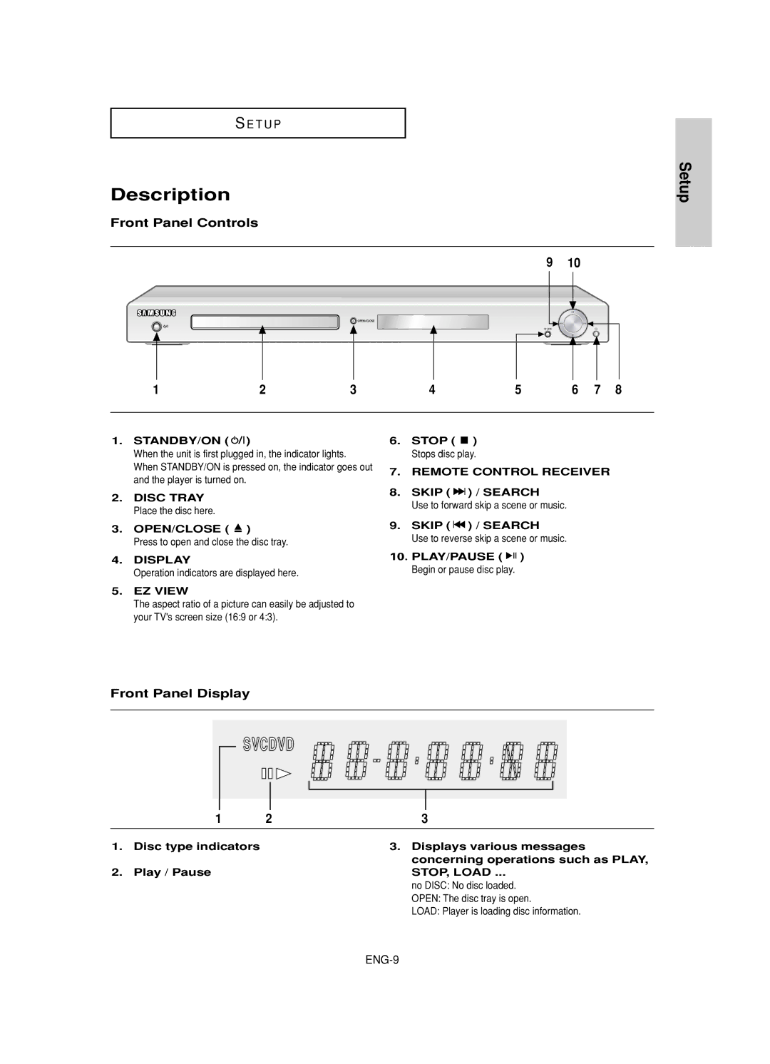 Samsung DVD-HD845 manual Description, Front Panel Controls, Front Panel Display 