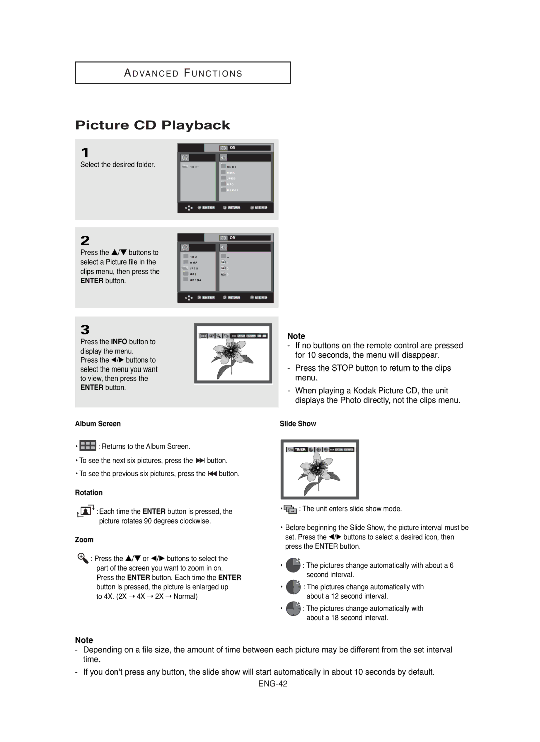 Samsung DVD-HD850/AND, DVD-HD850/UMG, DVD-HD850/XSG manual Picture CD Playback, Album Screen, Rotation, Zoom, Slide Show 