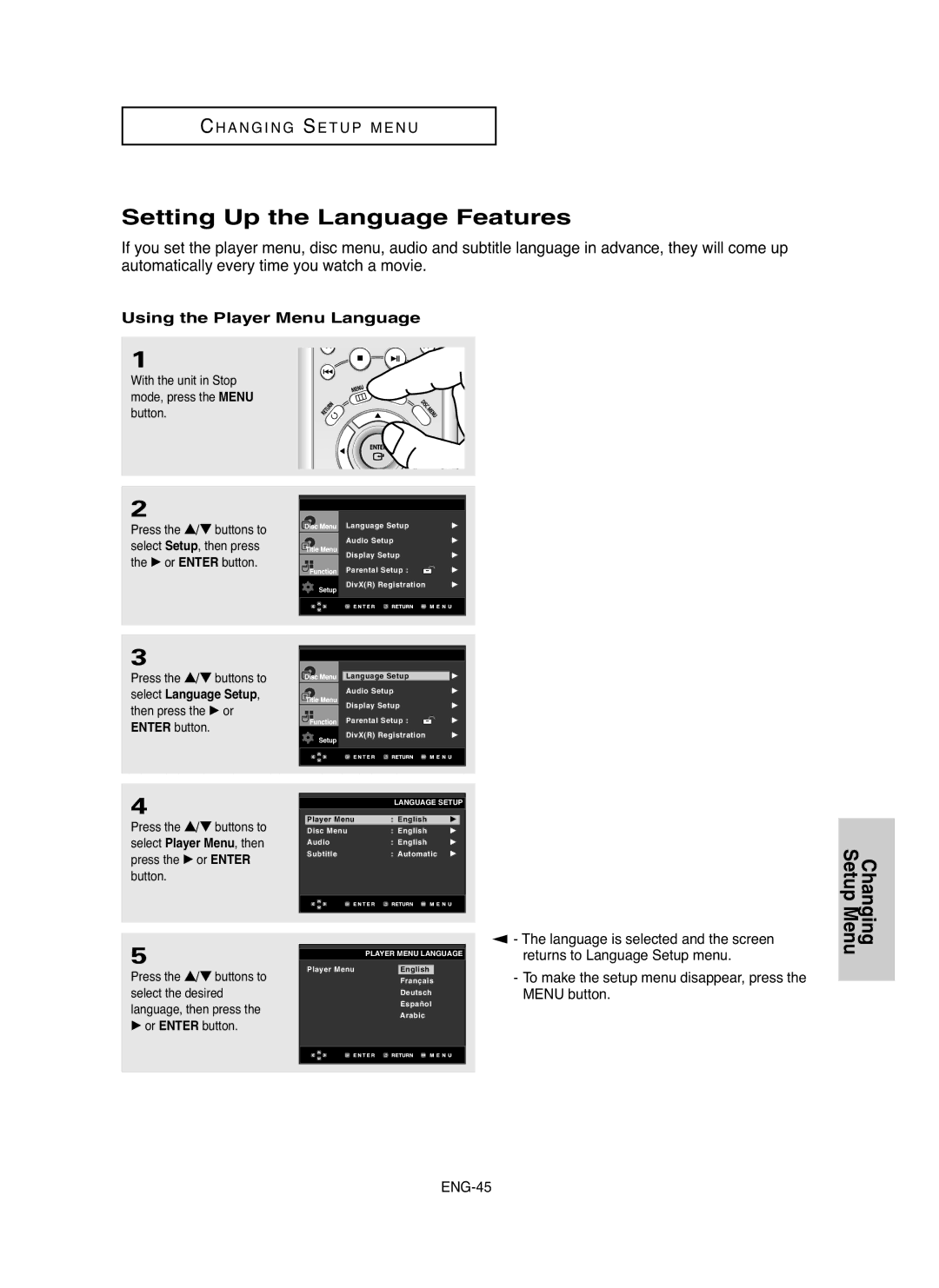 Samsung DVD-HD850/AFR, DVD-HD850/UMG, DVD-HD850/XSG manual Setting Up the Language Features, Using the Player Menu Language 