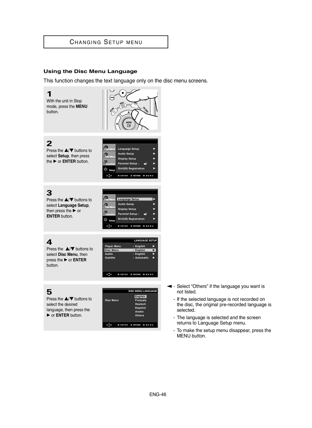 Samsung DVD-HD850/AND, DVD-HD850/UMG, DVD-HD850/XSG, DVD-HD850/AFR manual Using the Disc Menu Language 