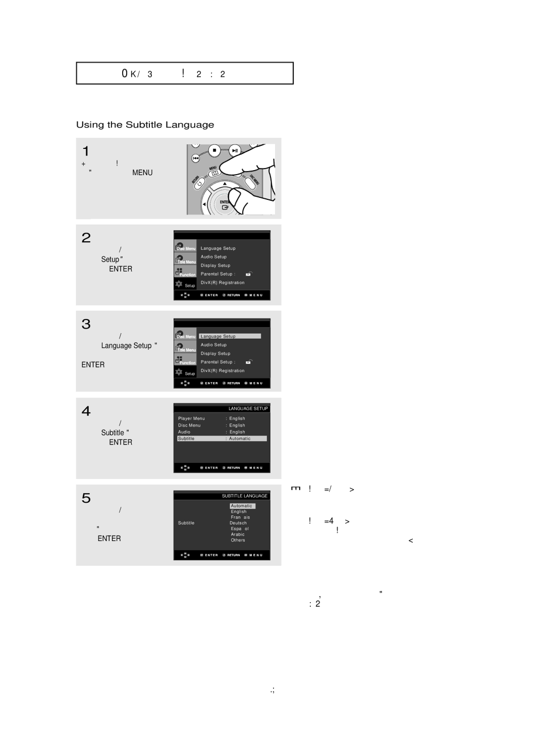 Samsung DVD-HD850/XSG, DVD-HD850/UMG, DVD-HD850/AFR, DVD-HD850/AND manual Using the Subtitle Language, Select Language Setup 