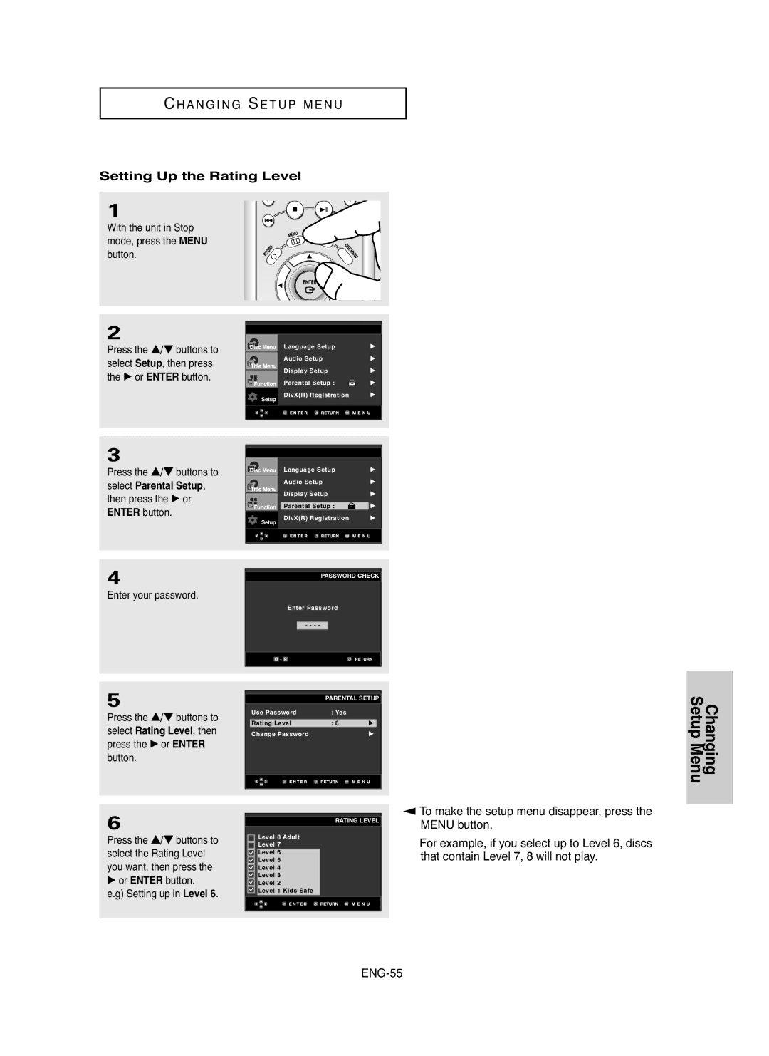 Samsung DVD-HD850/UMG, DVD-HD850/XSG, DVD-HD850/AFR manual Setting Up the Rating Level, √ or Enter button Setting up in Level 