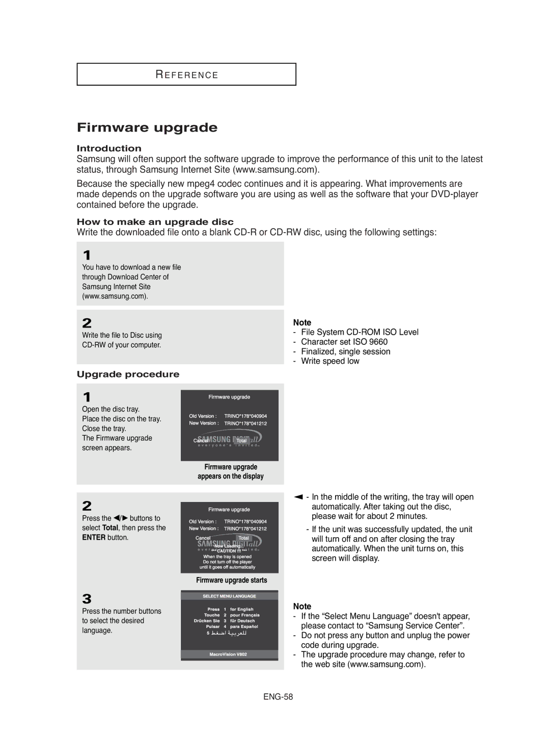 Samsung DVD-HD850/AND, DVD-HD850/UMG manual Firmware upgrade, Introduction, How to make an upgrade disc, Upgrade procedure 