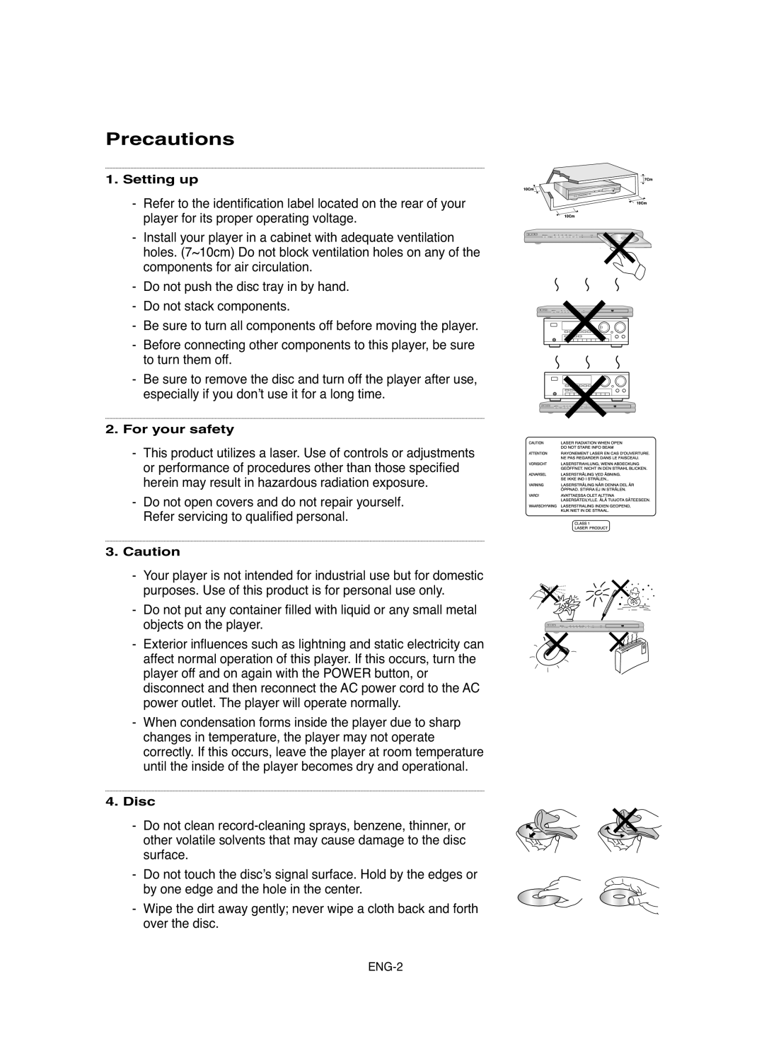 Samsung DVD-HD850/AND, DVD-HD850/UMG, DVD-HD850/XSG, DVD-HD850/AFR manual Precautions, Setting up, For your safety, Disc 