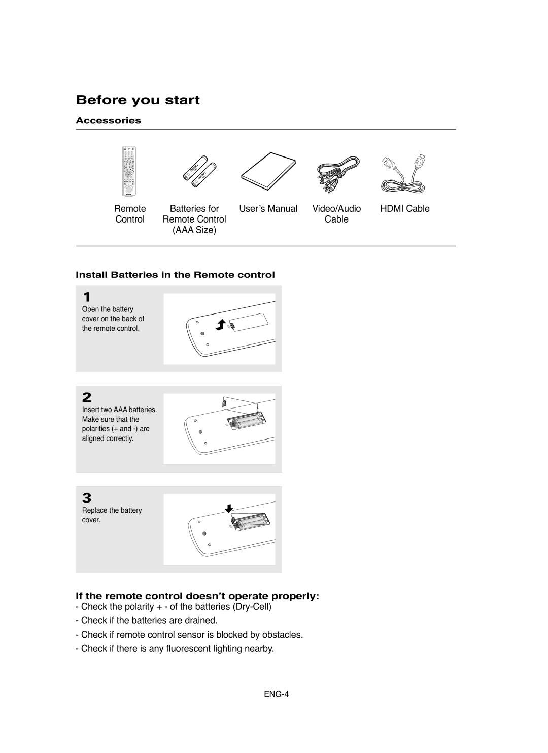 Samsung DVD-HD850/XSG, DVD-HD850/UMG, DVD-HD850/AFR Before you start, Accessories, Install Batteries in the Remote control 