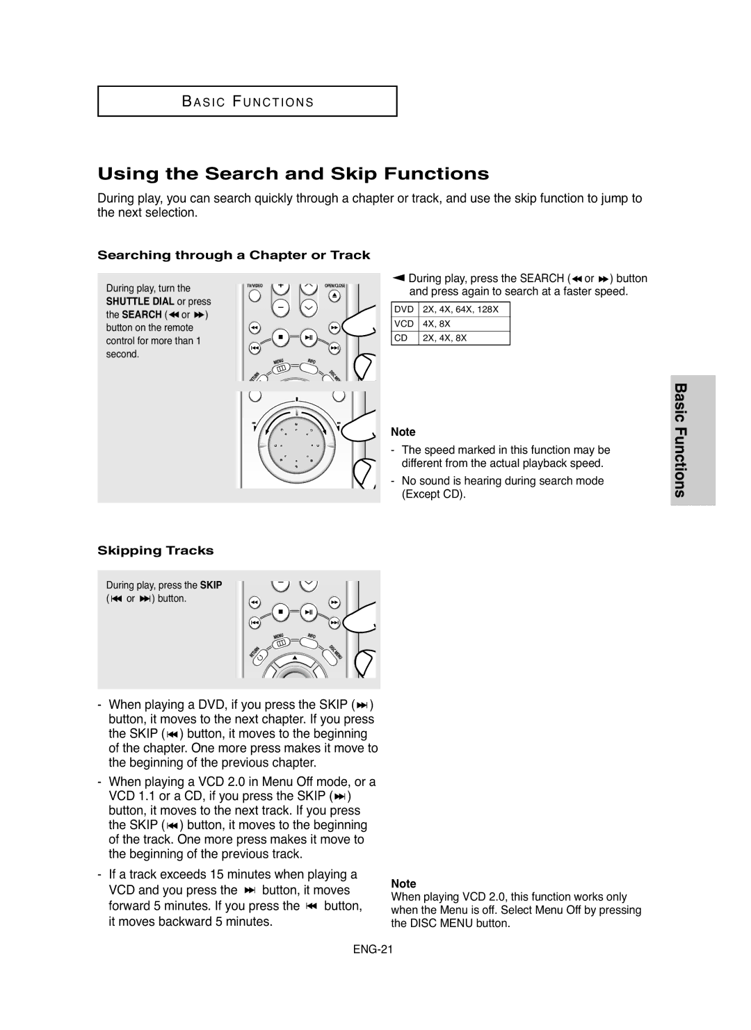 Samsung DVD-HD850/AFR manual Using the Search and Skip Functions, Searching through a Chapter or Track, Skipping Tracks 