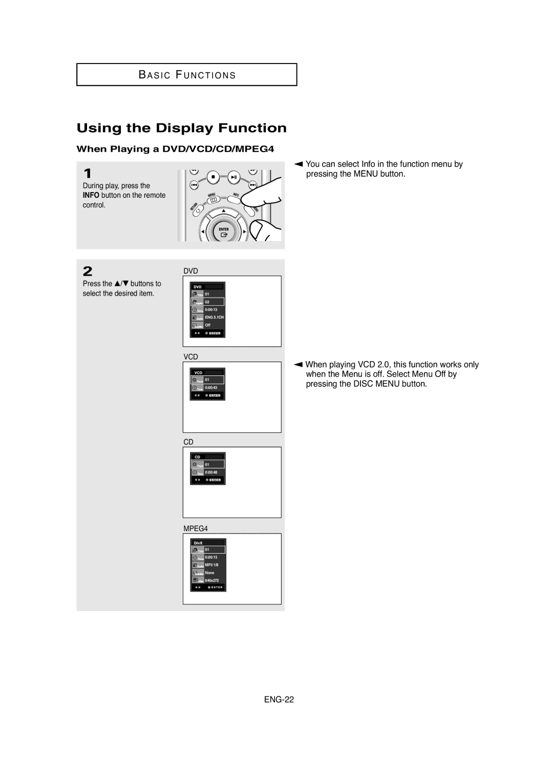 Samsung DVD-HD850/AND, DVD-HD850/UMG, DVD-HD850/XSG manual Using the Display Function, When Playing a DVD/VCD/CD/MPEG4 