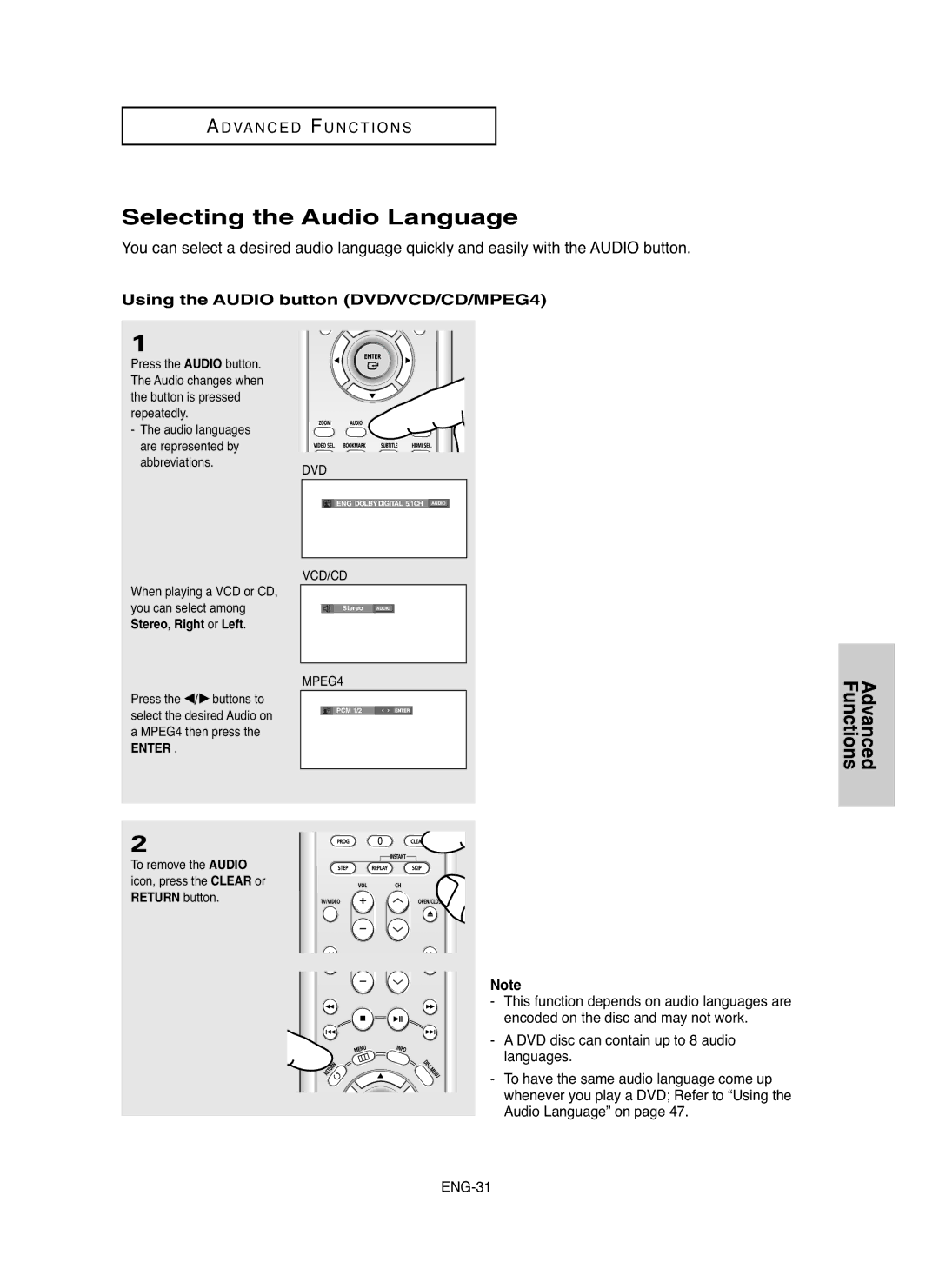 Samsung DVD-HD850/UMG, DVD-HD850/XSG, DVD-HD850/AFR Selecting the Audio Language, Using the Audio button DVD/VCD/CD/MPEG4 