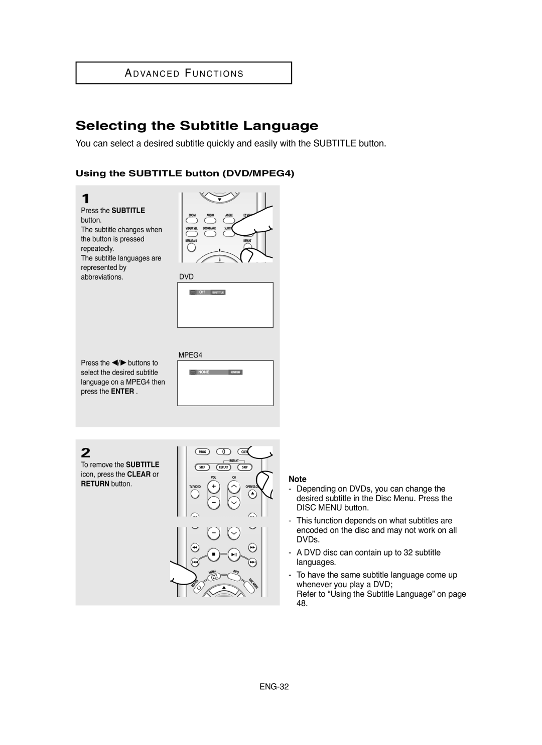 Samsung DVD-HD850/XSG, DVD-HD850/UMG, DVD-HD850/AFR Selecting the Subtitle Language, Using the Subtitle button DVD/MPEG4 