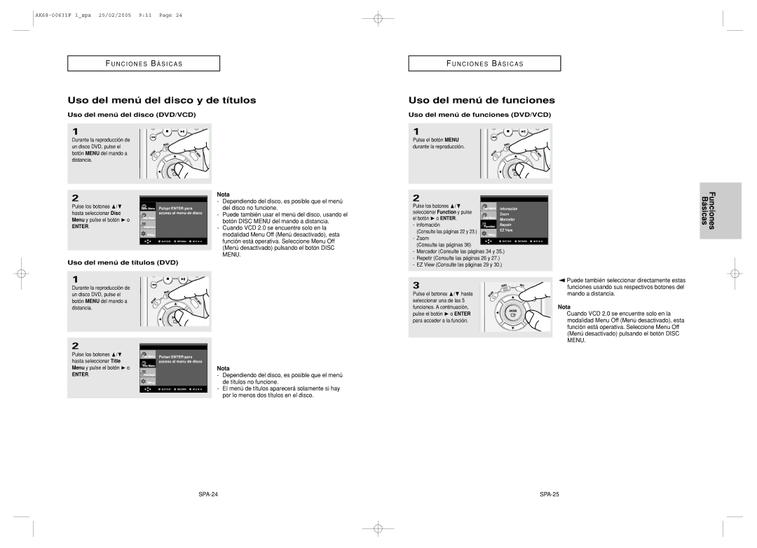 Samsung DVD-HD850/XEC manual Uso del menú del disco y de títulos, Uso del menú de funciones, Uso del menú del disco DVD/VCD 