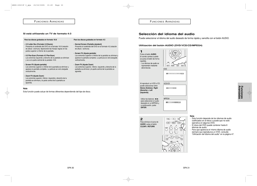 Samsung DVD-HD850/XEC manual Selección del idioma del audio, Utilización del botón Audio DVD/VCD/CD/MPEG4, SPA-30 