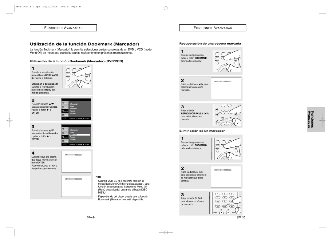 Samsung DVD-HD850/XEC Utilización de la función Bookmark Marcador DVD/VCD, Recuperación de una escena marcada, SPA-34 